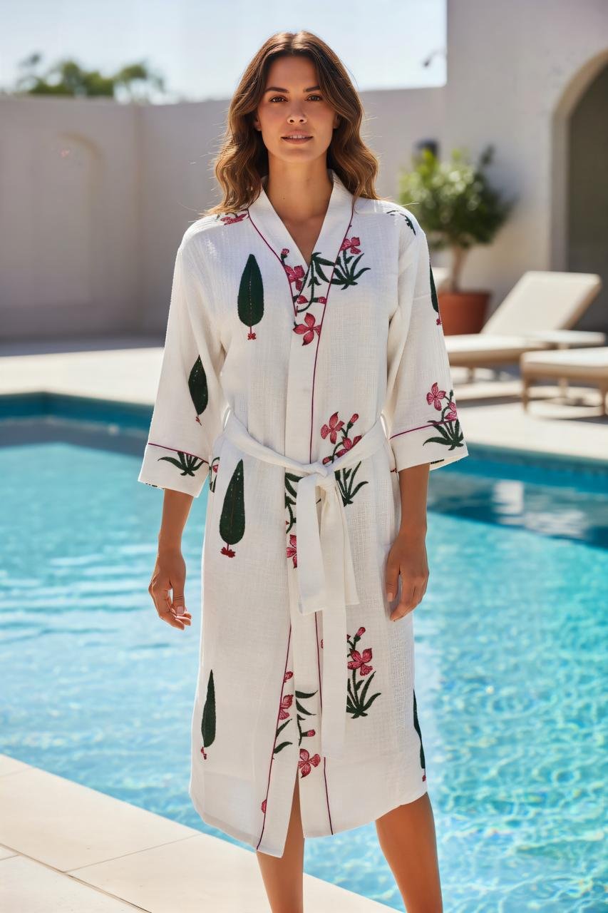 Jaipuri Block Printed Waffle Bath Robe